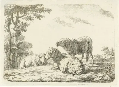 Landschap met twee liggende en een staand schaap
