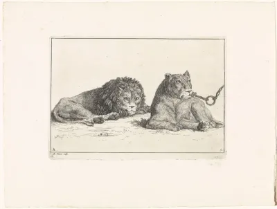 Landschap met twee liggende leeuwen