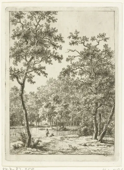 Landschap met twee mannen aan de oever van een rivier