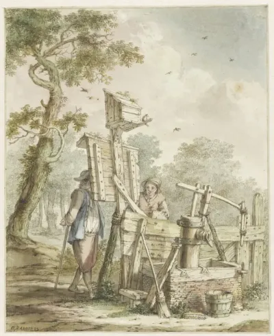 Landschap met twee mannen bij een aanplakbord bij een waterpomp
