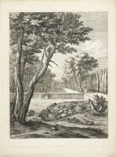 Landschap met twee mannen bij een fontein