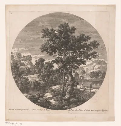 Landschap met twee mannen bij een meer
