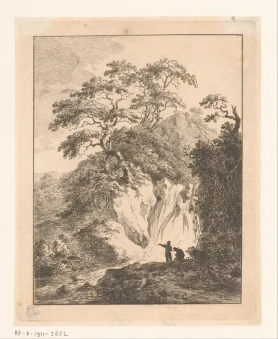 Landschap met twee mannen bij een waterval