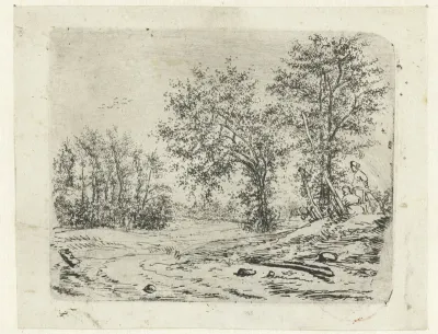 Landschap met twee mannen die een naakte vrouw bespieden