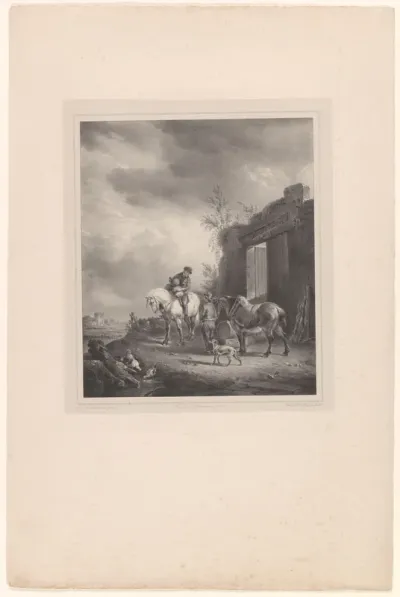 Landschap met twee mannen en paarden bij een poort