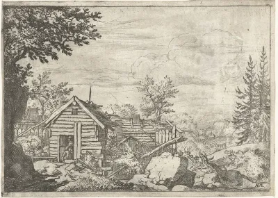 Landschap met twee mannen in de deuropening van een houten hut