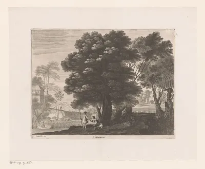 Landschap met twee mannen met honden