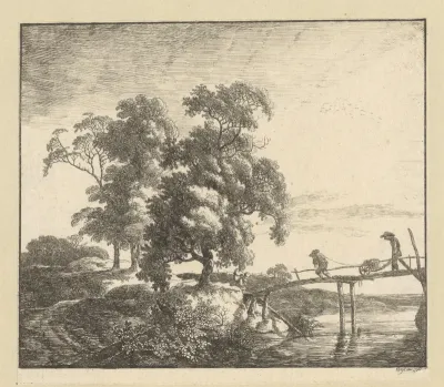 Landschap met twee mannen met kruiwagen op houten brug