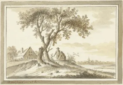 Landschap met twee mannen onder een boom