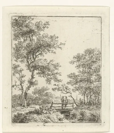 Landschap met twee mannen op een brug