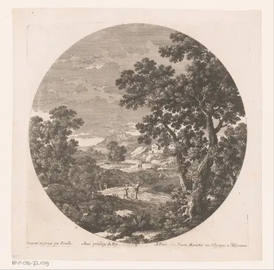 Landschap met twee mannen op open plek op voorgrond