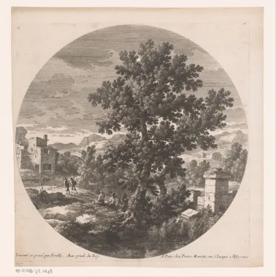 Landschap met twee mannen zittend bij boom