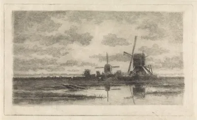 Landschap met twee molens bij een waterplas