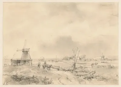 Landschap met twee molens en een paardenkar
