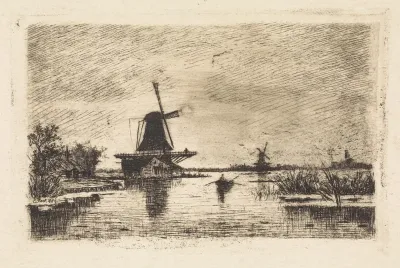 Landschap met twee molens en een roeiboot