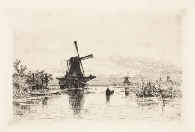 Landschap met twee molens en een roeiboot