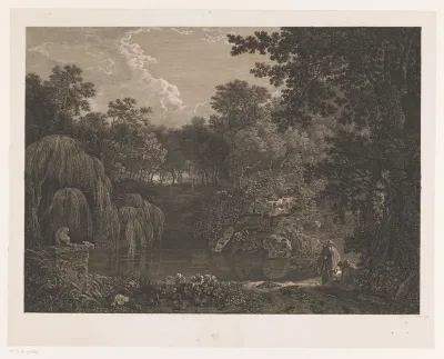 Landschap met twee monniken bij een poel