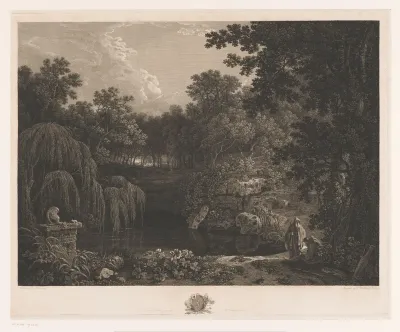 Landschap met twee monniken bij een poel