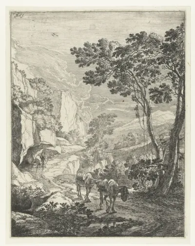 Landschap met twee muilezels voor de Rocca Aquatico bij Ancona