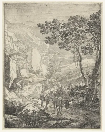 Landschap met twee muilezels voor de Rocca Aquatico bij Ancona