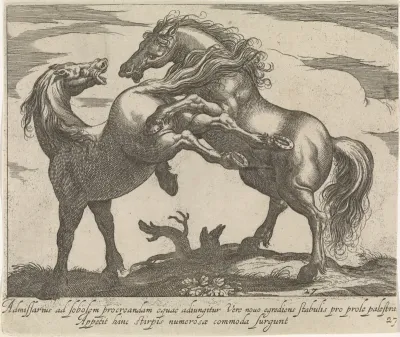 Landschap met twee paarden in gevecht