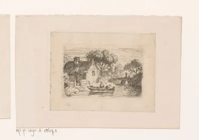 Landschap met twee personen in een roeiboot bij een woning
