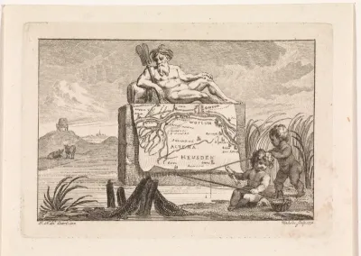 Landschap met twee putti en een riviergod bij een kaart van het Land van Heusden en Altena