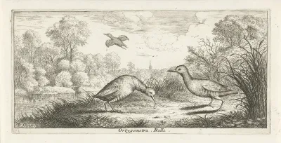 Landschap met twee rallen op een oever
