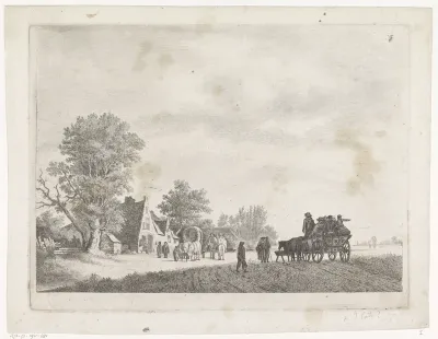Landschap met twee reiswagens voor een herberg