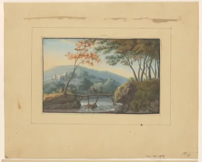 Landschap met twee reizigers op een houten brug