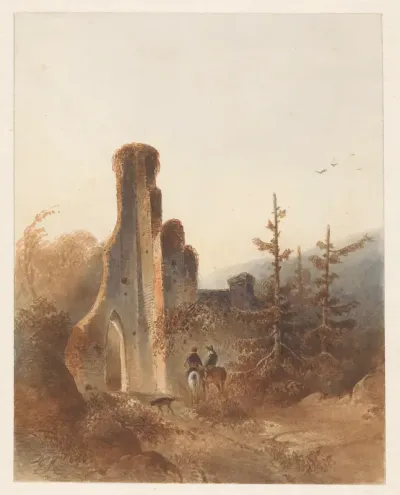 Landschap met twee ruiters bij een ruïne