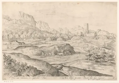 Landschap met twee ruiters en een ossenwagen