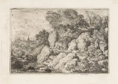 Landschap met twee ruiters op een rotspad