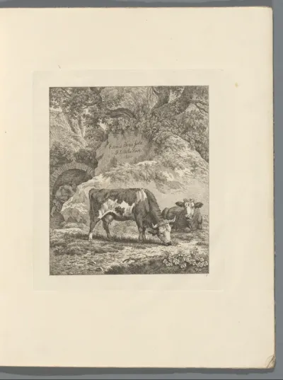 Landschap met twee runderen bij een rots
