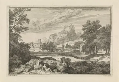 Landschap met twee rustende figuren op de voorgrond
