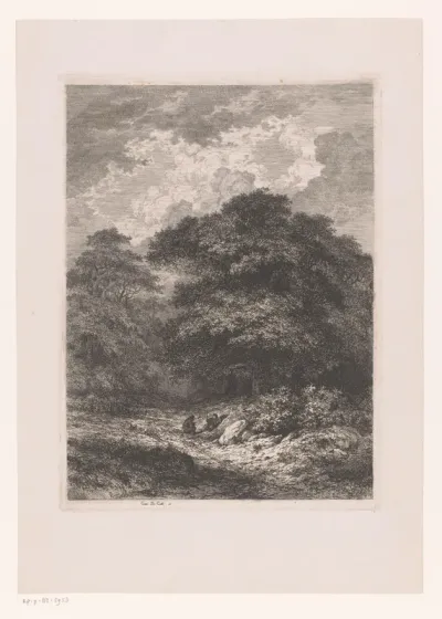 Landschap met twee rustende figuren voor een bos