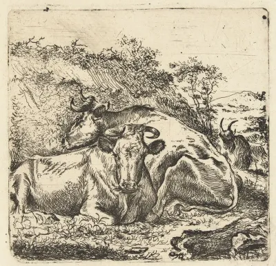 Landschap met twee rustende koeien