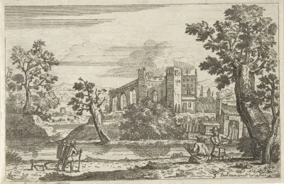Landschap met twee schetsende kunstenaars aan het water
