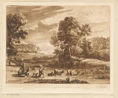 Landschap met twee steden op heuvels en veedrijvers die rivier oversteken
