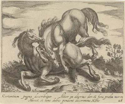 Landschap met twee vechtende paarden