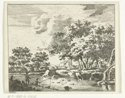 Landschap met twee vissers bij rivier