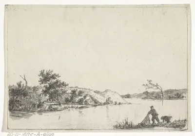 Landschap met twee vissers met net bij het water
