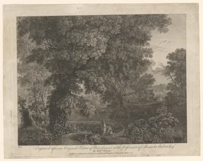 Landschap met twee vissers op een boot aan de oever van een rivier