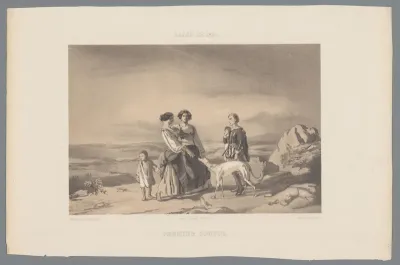 Landschap met twee vrouwen in gesprek met een man met een hond