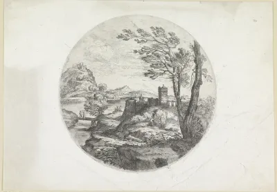 Landschap met twee vrouwen op een brug