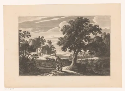 Landschap met twee wandelaars bij een boom