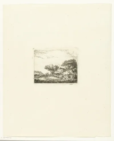 Landschap met twee wandelaars bij een hutje