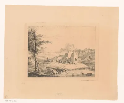 Landschap met twee wandelaars bij een ruïne