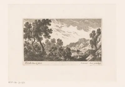 Landschap met twee wandelaars op een pad