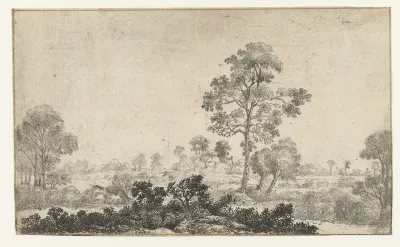 Landschap met twee wilgen bij grote boom